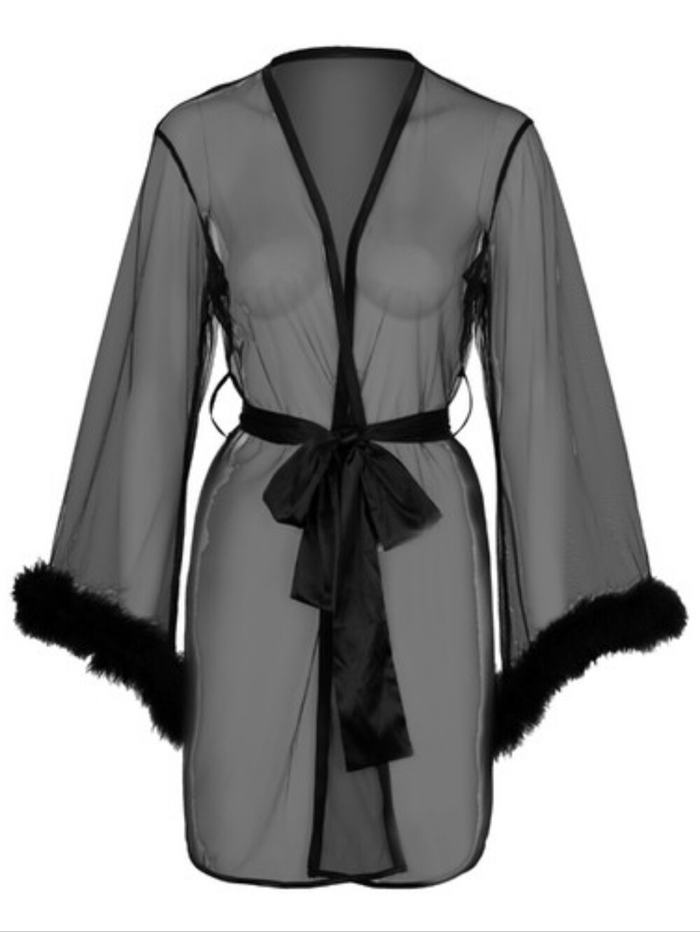 Honey Bunny Black Sheer Kimono Robe With Marabou Feather Trim